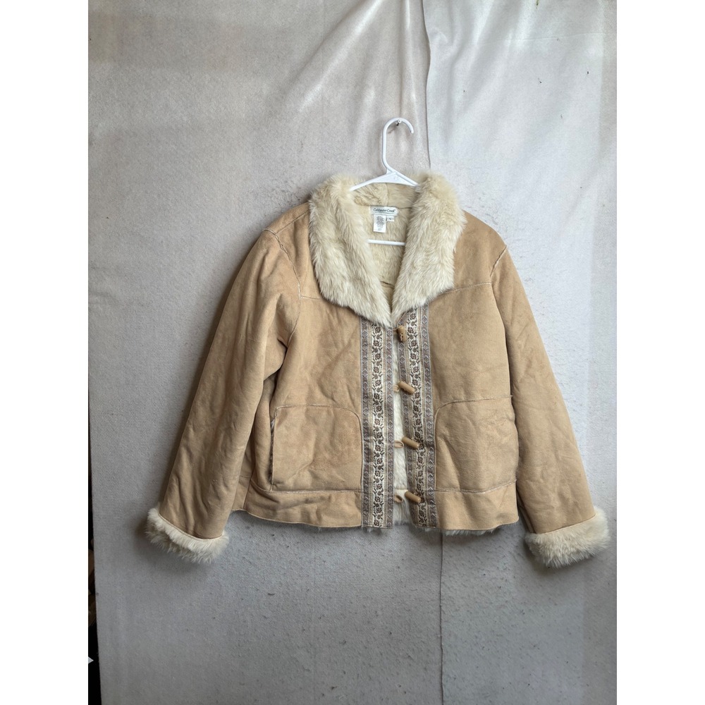 Coldwater Creek Faux Suede Fur Trim Toggle Jacket Tan Floral Embroidered Large